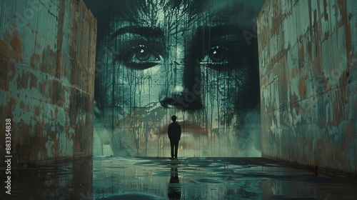 Fototapeta Naklejka Na Ścianę i Meble -  Graffiti photo of a face on the wall and someone watching it on the street