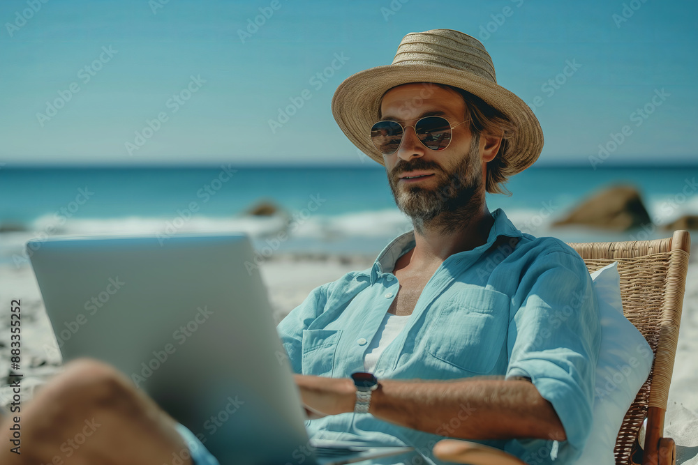 Fototapeta premium Man Relaxing on Beach with Laptop and Hat, Remote Work, Vacation