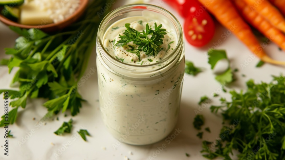 Mason jar filled with homemade ranch dressing, surrounded by fresh herbs and vegetables Mason jar filled with homemade ranch dressing, surrounded by fresh herbs and vegetables