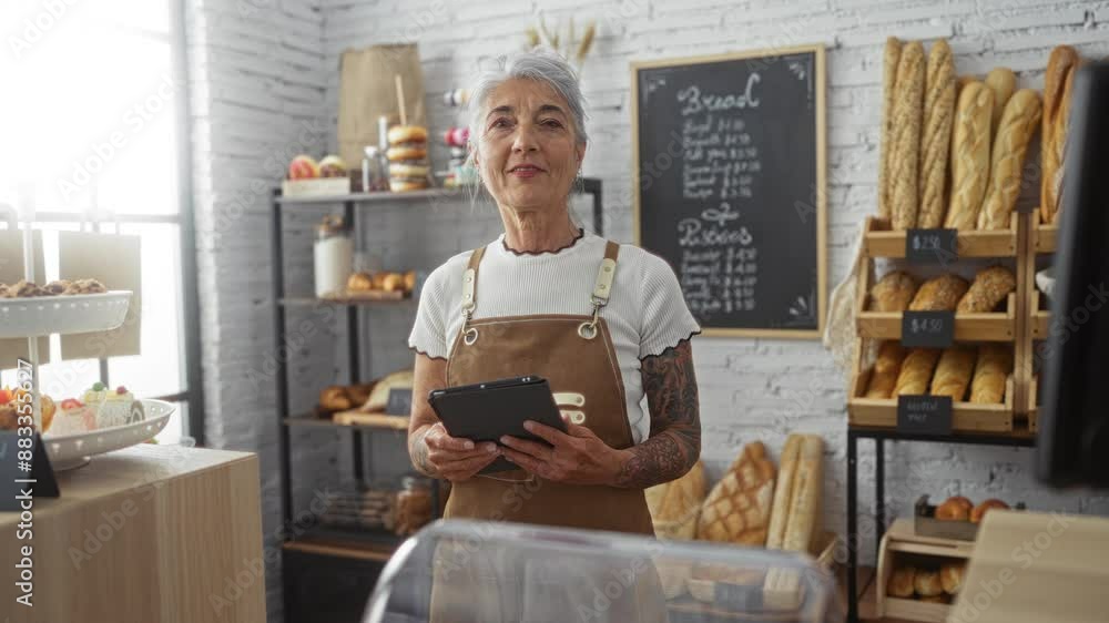 Elderly woman working in a bakery shop holding a tablet with shelves of fresh bread and pastries in the background Elderly woman working in a bakery shop holding a tablet with shelves of fresh bread and pastries in the background