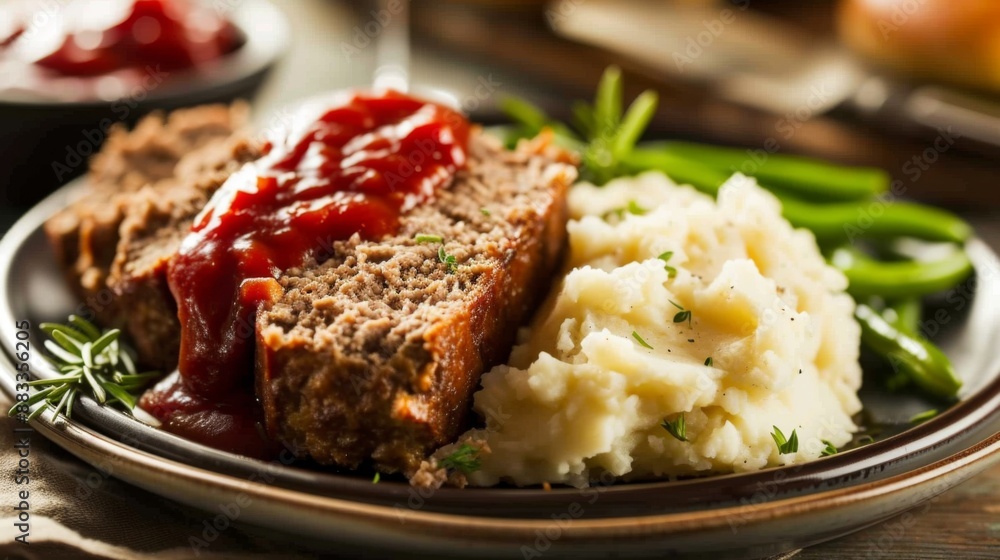 Meatloaf served with creamy mashed potatoes and a side of green beans on a rustic plate Meatloaf served with creamy mashed potatoes and a side of green beans on a rustic plate