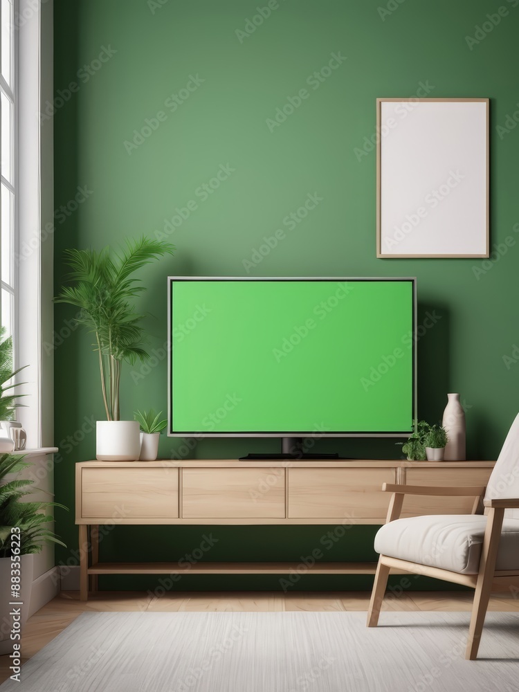 Mockup of a Black TV Frame in a Modern Family Lounge, 3D Render with a Blank White Screen. Modern Cozy Interior Design With Sofa Mockup of a Black TV Frame in a Modern Family Lounge, 3D Render with a Blank White Screen. Modern Cozy Interior Design With Sofa