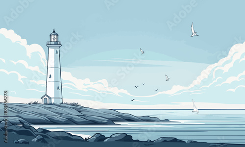 A linear vector of a lighthouse by the sea.