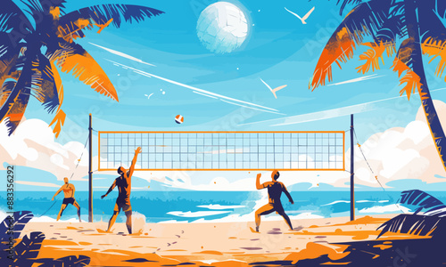 A flat vector of a beach volleyball game.