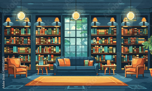 A flat vector of a library interior with bookshelves.