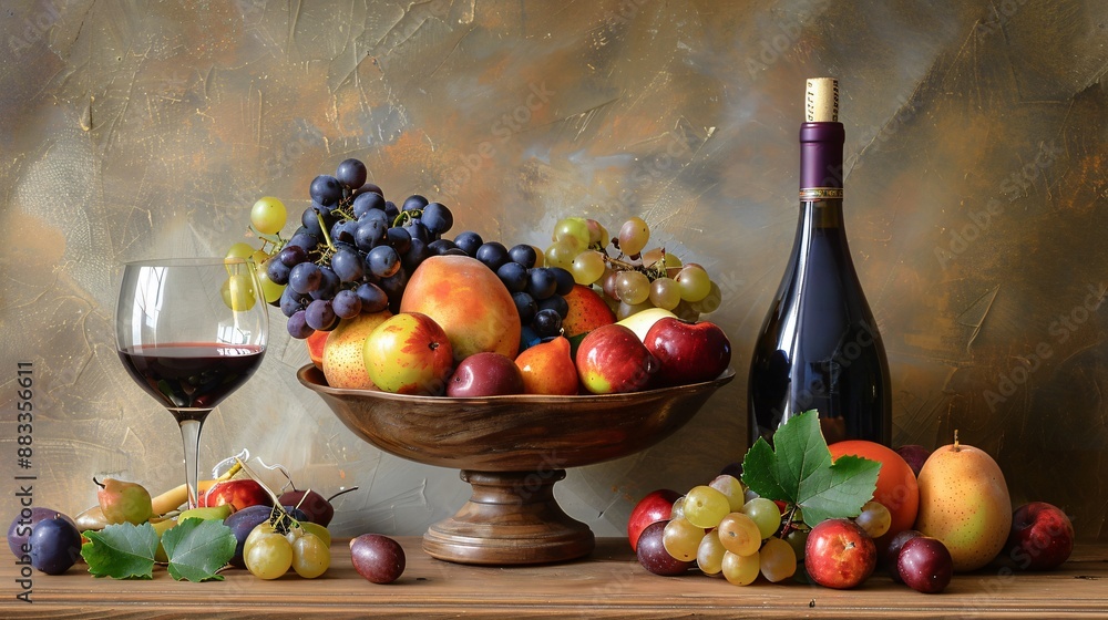A classic still life with a bowl of mixed fruit, a bottle of wine, and a glass half full A classic still life with a bowl of mixed fruit, a bottle of wine, and a glass half full