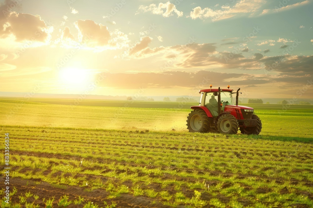 An inspiring image capturing a red tractor plowing a field during sunset, with golden light bathing the landscape, representing hard work and agricultural life An inspiring image capturing a red tractor plowing a field during sunset, with golden light bathing the landscape, representing hard work and agricultural life
