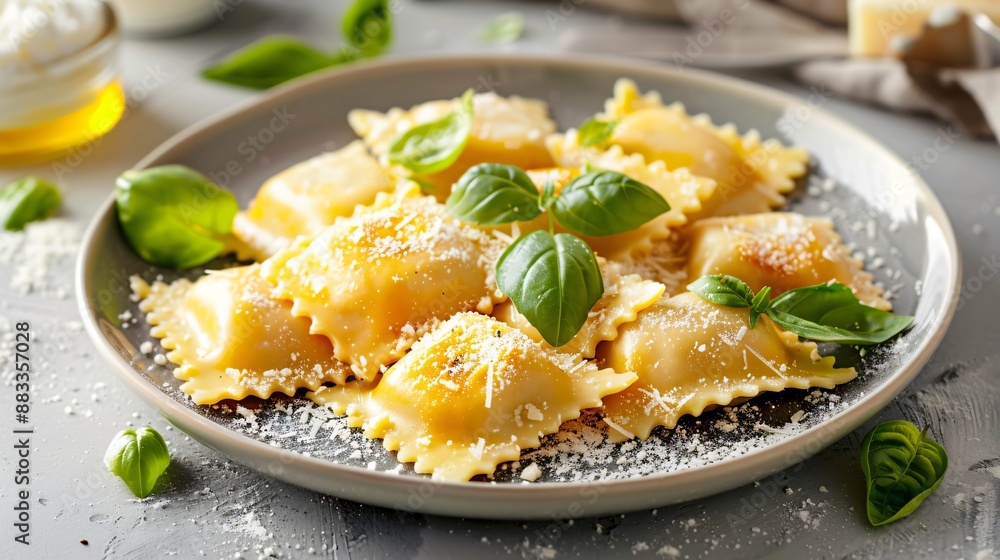 A plate of cheese-stuffed ravioli with a sprinkle of parmesan and fresh basil leaves A plate of cheese-stuffed ravioli with a sprinkle of parmesan and fresh basil leaves