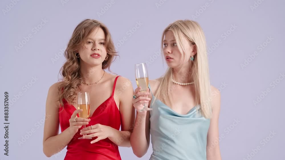 Young stylish women models in trendy dresses chilling talking drinking champagne, isolated on purple background. Fashion and youth beauty concept. Young stylish women models in trendy dresses chilling talking drinking champagne, isolated on purple background. Fashion and youth beauty concept.