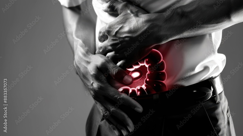 Naklejka premium A man is holding his stomach and has a red and black stomach ache