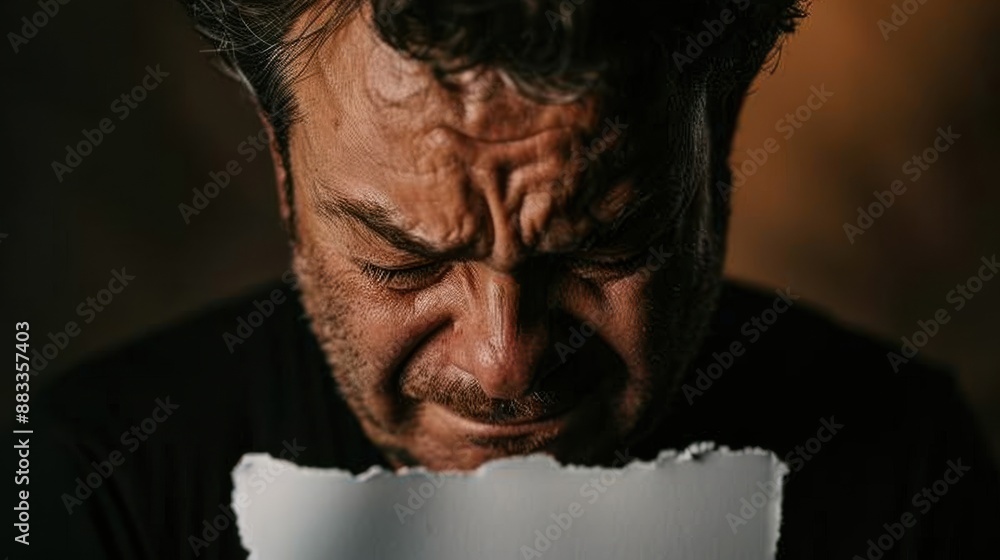 Fototapeta premium A man in a yellow shirt is crying and has his hands on his head