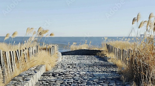   A stone path beside a body of water, with a wooden fence in the foreground and surrounding dry grass