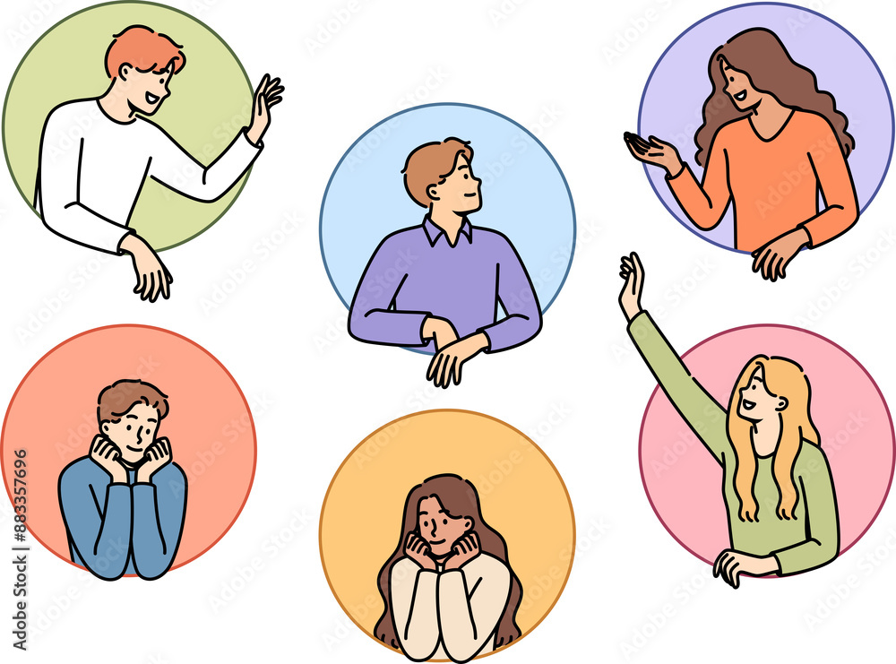 Communication of friendly people looking out from small circles, for concept of chatting in social media. Communication of men and women talking with friends and sharing positive life stories Communication of friendly people looking out from small circles, for concept of chatting in social media. Communication of men and women talking with friends and sharing positive life stories