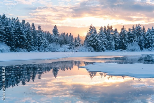 A beautiful image of a sunset over a snow-covered lake with reflections of snow-laden trees and a pastel sky, evoking a sense of peace and natural beauty