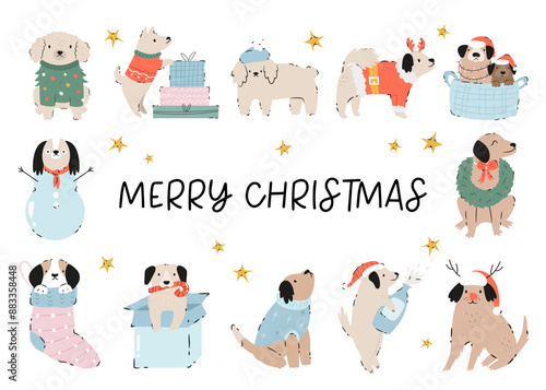 Christmas greeting card with set of adorable dogs in different costumes. Hand drawn illustration with funny animal characters.