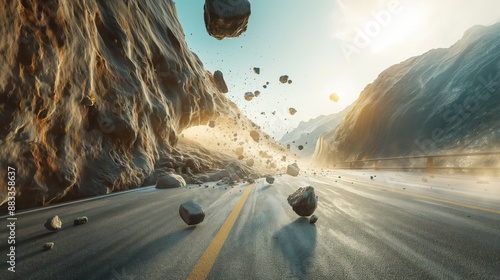 Dynamic scene of a dramatic rockslide impacting a deserted road with large boulders falling from a cliffside into the roadway. photo