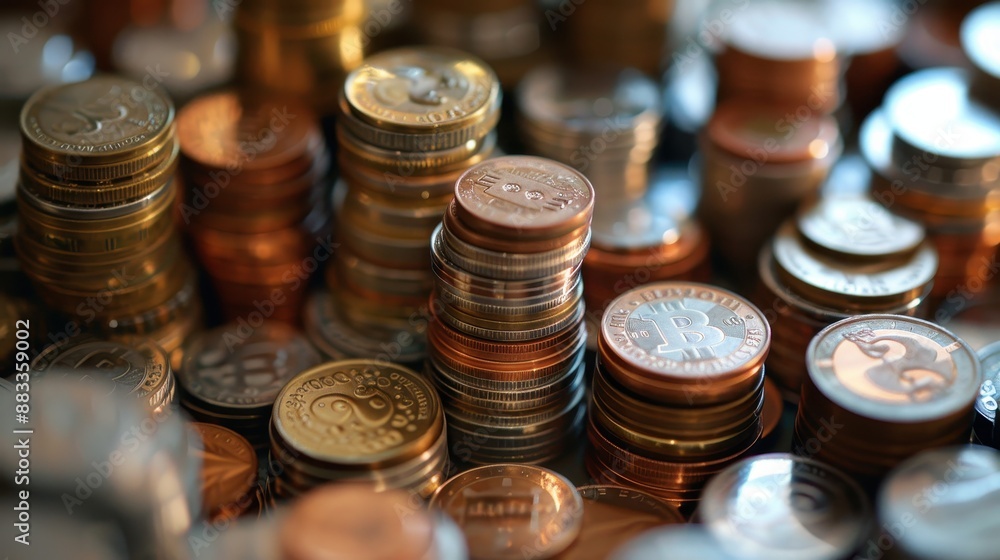 A pile of glittering gold coins, depicting wealth and success A pile of glittering gold coins, depicting wealth and success