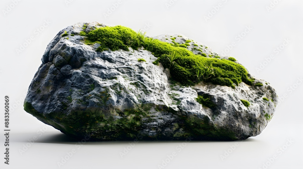 Large stone covered with green moss isolated on white background. Large stone covered with green moss isolated on white background.