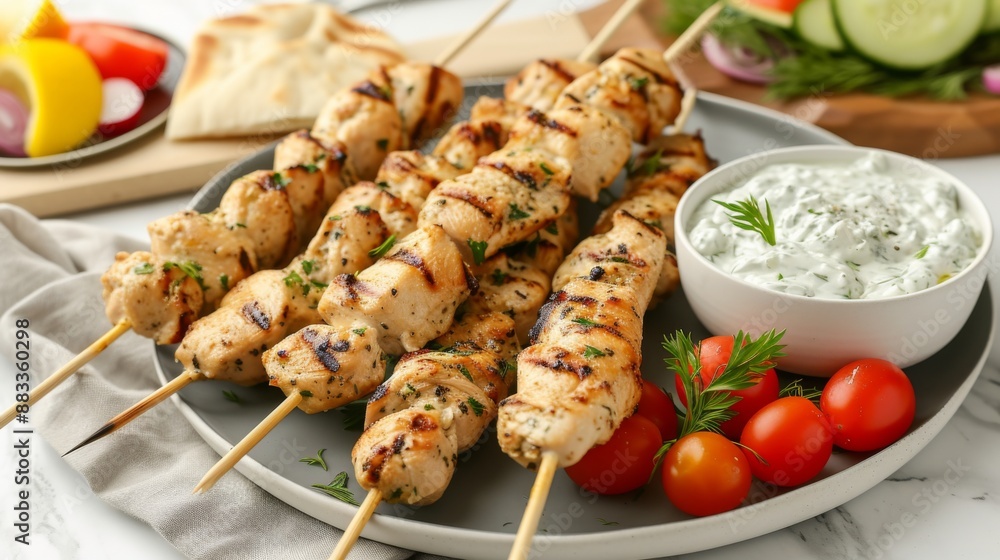 A platter of Greek chicken souvlaki skewers served with a side of creamy tzatziki sauce A platter of Greek chicken souvlaki skewers served with a side of creamy tzatziki sauce