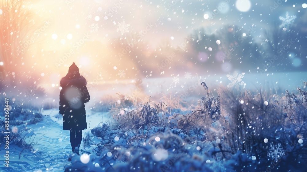 a woman standing in a winter wonderland, with a soft focus effect making the snowflakes and the frosty landscape appear magical and ethereal. a woman standing in a winter wonderland, with a soft focus effect making the snowflakes and the frosty landscape appear magical and ethereal.