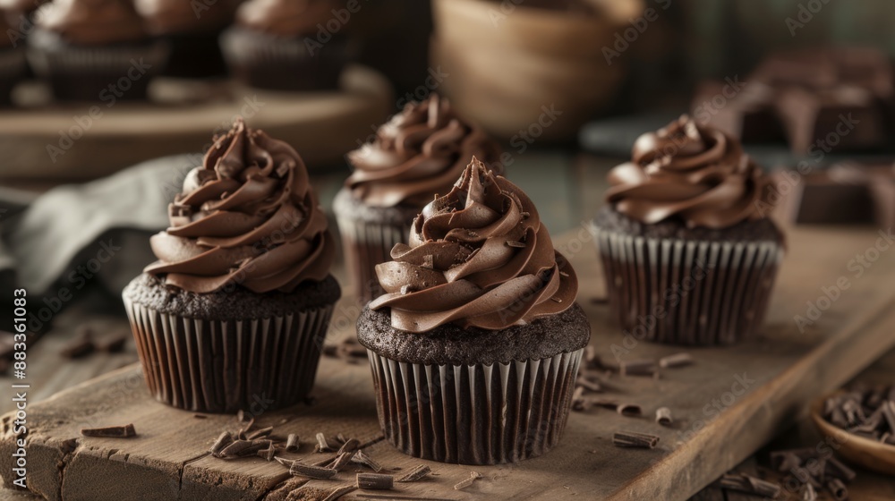 Dark chocolate cupcakes topped with smooth chocolate frosting and chocolate shavings Dark chocolate cupcakes topped with smooth chocolate frosting and chocolate shavings