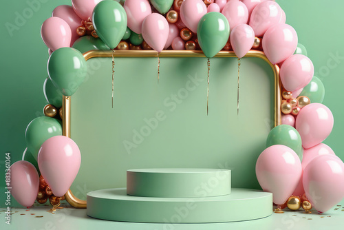 Happy birthday blank podium with pink balloons and a celebratory atmosphere on a green background.