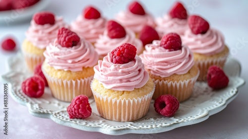 Delicate raspberry cupcakes with creamy pink frosting and fresh raspberries