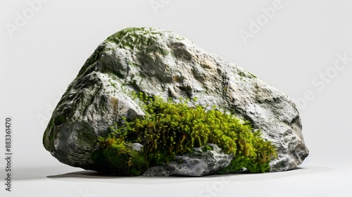 Large stone covered with green moss isolated on white background.  photo