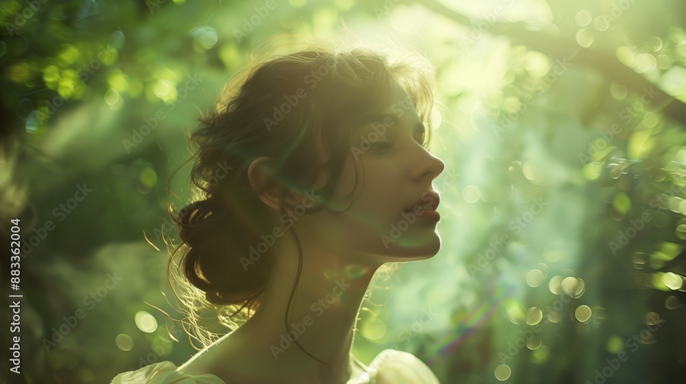 a woman in a forest, with a soft focus effect enhancing the ethereal light filtering through the trees and her peaceful demeanor. a woman in a forest, with a soft focus effect enhancing the ethereal light filtering through the trees and her peaceful demeanor.