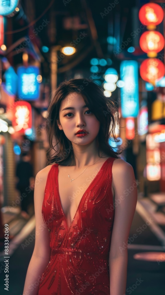 Elegant Japanese Fashion Model in Luxurious Haute Couture, Exuding Sophistication on a City Street at Night. Elegant Japanese Fashion Model in Luxurious Haute Couture, Exuding Sophistication on a City Street at Night.