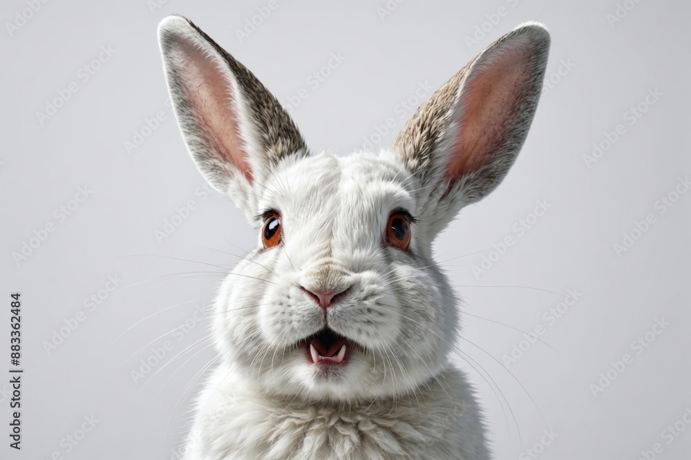 Fototapeta premium Studio portrait of white rabbit with mouth open against a white backdrop