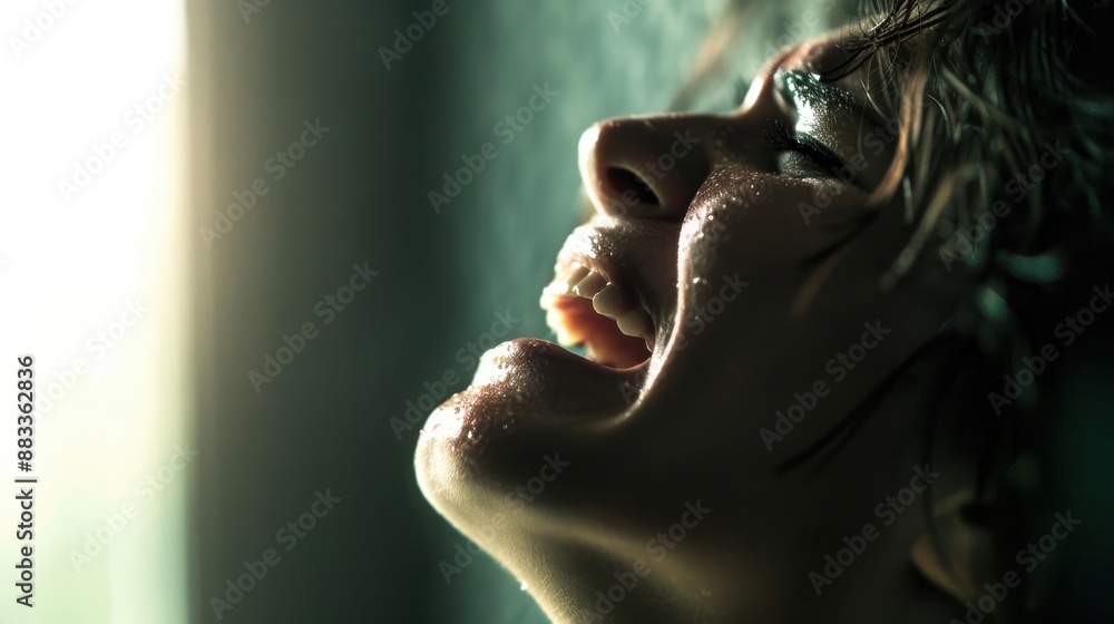 A woman is crying and her face is in the light A woman is crying and her face is in the light
