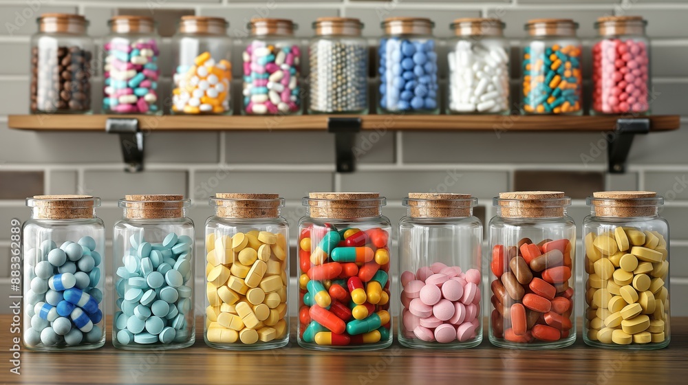 custom made wallpaper toronto digitalVarious colorful pills and capsules in glass jars with cork lids, neatly arranged on shelves against a tiled background.