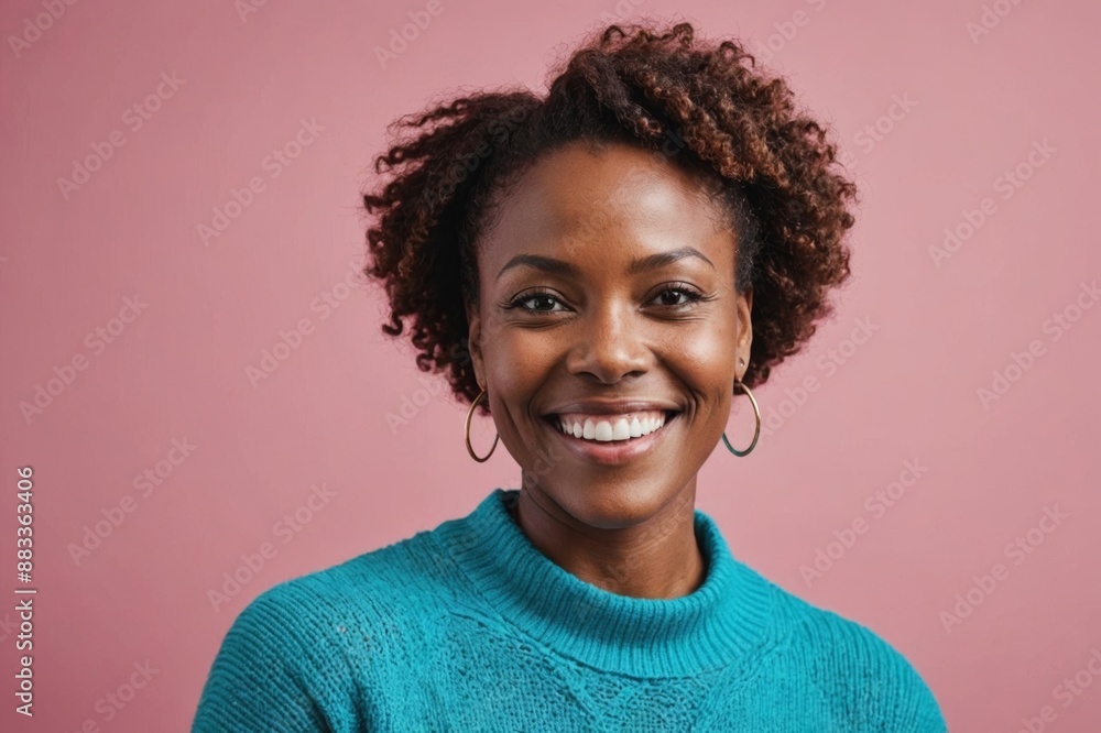 A joyfully african woman in a turquoise sweater against a pink background A joyfully african woman in a turquoise sweater against a pink background