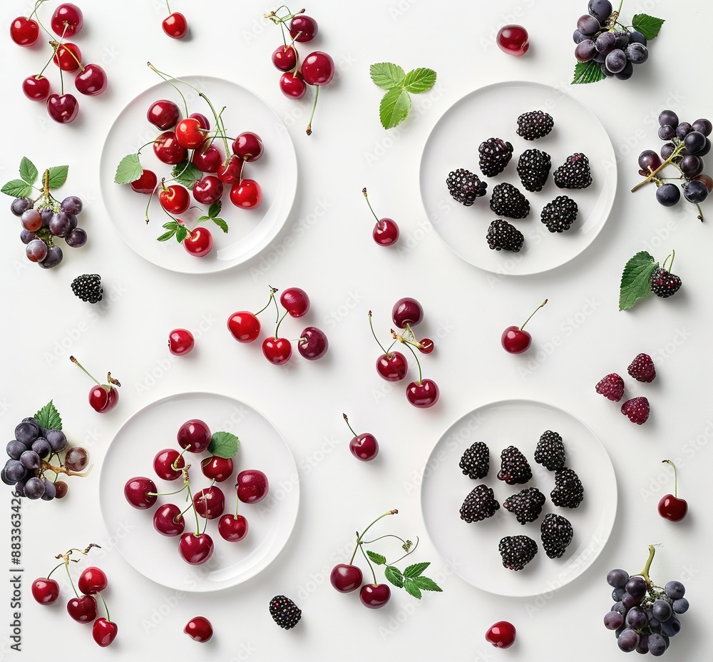 A white plate with blackberries and cherries, adjacent to a white plate with red and black cherries A white plate with blackberries and cherries, adjacent to a white plate with red and black cherries