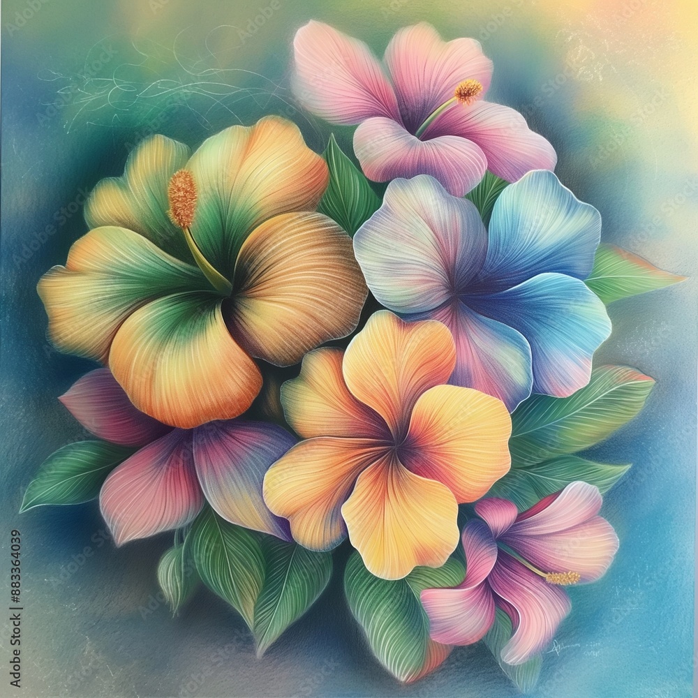 Soft pastel illustration of tropical flowers with vibrant colors and intricate details, ideal for floral enthusiasts. Soft pastel illustration of tropical flowers with vibrant colors and intricate details, ideal for floral enthusiasts.