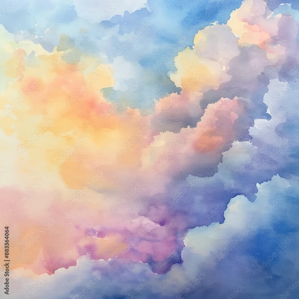 Soft watercolor clouds in a sky full of pastel colors. Ideal for tranquil and dreamy designs. Soft watercolor clouds in a sky full of pastel colors. Ideal for tranquil and dreamy designs.