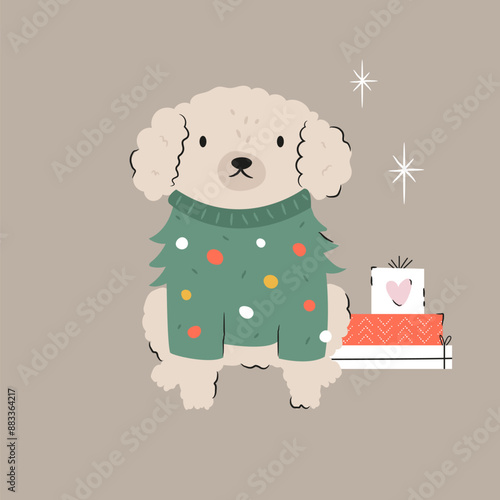 Holiday Christmas card with funny dog in a knitted sweater and gift boxes. Greeting card design, hand drawn illustration