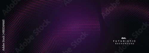 Abstract Dark Purple-Pink Gradient Circles Flowing Dot Waving Particle Geometric Technology Background. Digital Futuristic Black-Violet Dotted Wave. Concept For Science, Music Cover, Website, Header