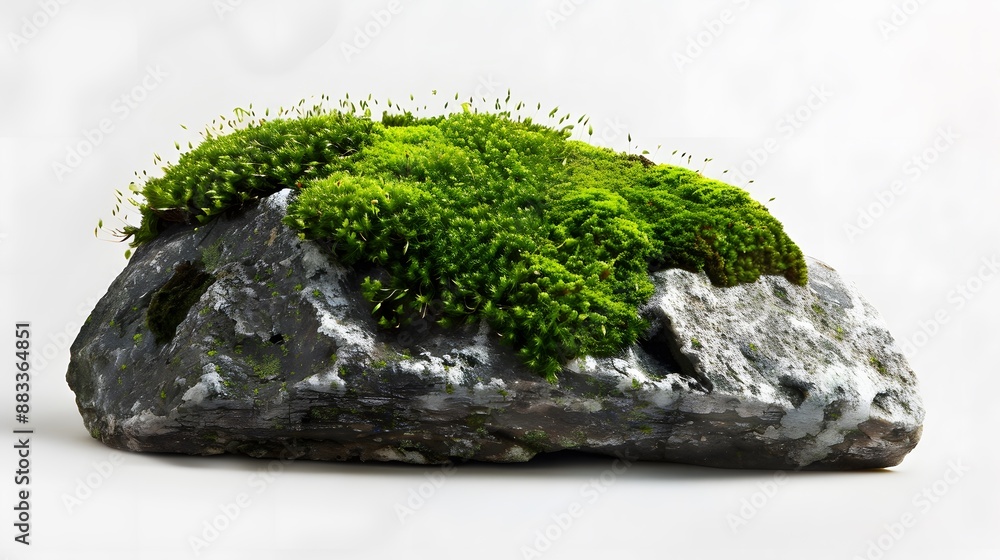 Large stone covered with green moss isolated on white background. Large stone covered with green moss isolated on white background.