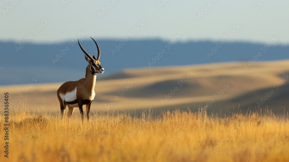 Fototapeta premium Pronghorn standing alert in the meadows, its graceful form and bright antlers silhouetted in the background