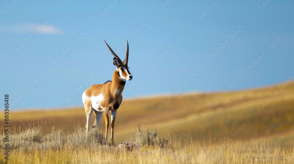 Fototapeta premium Pronghorn standing alert in the meadows, its graceful form and bright antlers silhouetted in the background