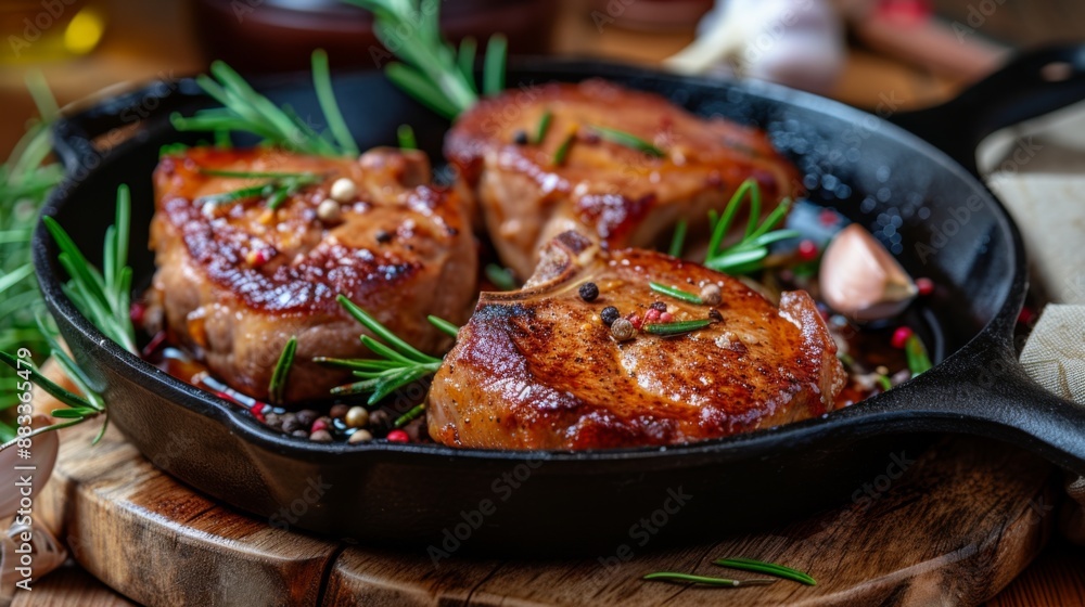 Juicy pork chops sizzling in a cast iron pan, garnished with fresh rosemary and garlic cloves Juicy pork chops sizzling in a cast iron pan, garnished with fresh rosemary and garlic cloves