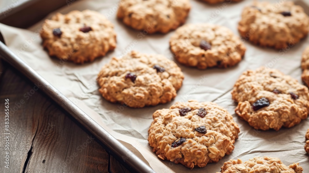 A batch of homemade oatmeal breakfast cookies with raisins and nuts A batch of homemade oatmeal breakfast cookies with raisins and nuts