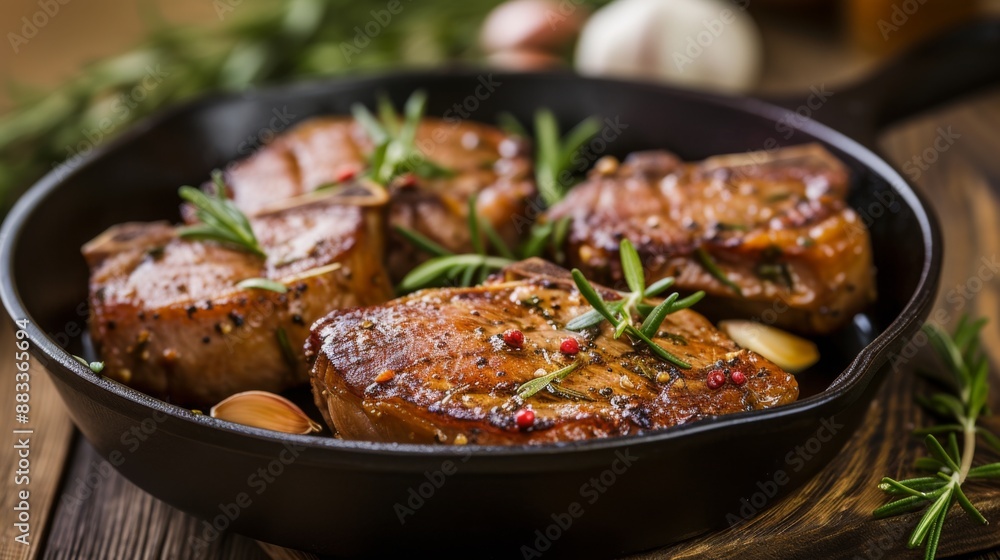 Juicy pork chops sizzling in a cast iron pan, garnished with fresh rosemary and garlic cloves Juicy pork chops sizzling in a cast iron pan, garnished with fresh rosemary and garlic cloves