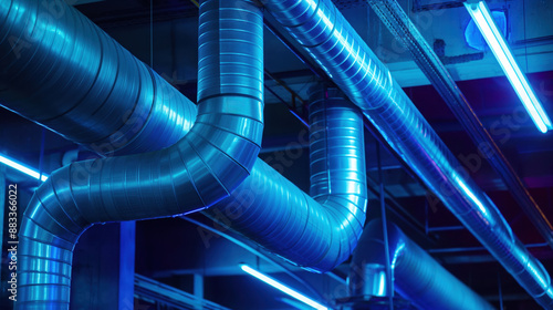 Industrial ductwork with metal pipes illuminated by blue lights in an HVAC system setting