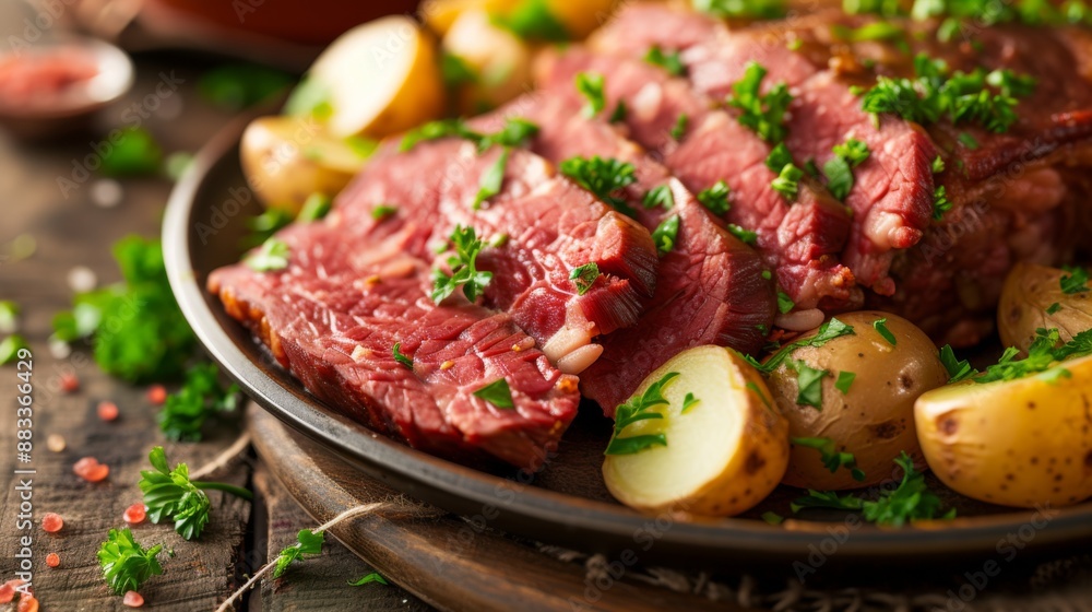 A hearty serving of corned beef with steamed cabbage and boiled potatoes on a rustic plate A hearty serving of corned beef with steamed cabbage and boiled potatoes on a rustic plate