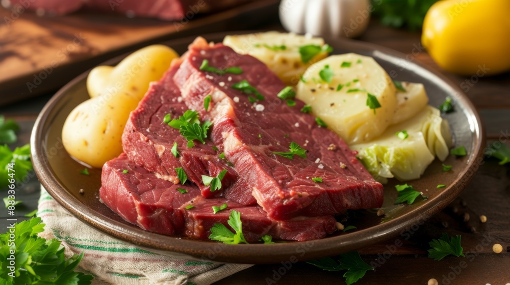A hearty serving of corned beef with steamed cabbage and boiled potatoes on a rustic plate A hearty serving of corned beef with steamed cabbage and boiled potatoes on a rustic plate