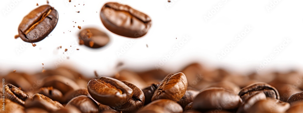 A pile of coffee beans in mid-air with coffee beans in the foreground A pile of coffee beans in mid-air with coffee beans in the foreground