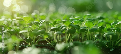 Growing plants in spring timelapse, germination of newborn watercress seedlings in a greenhouse. 